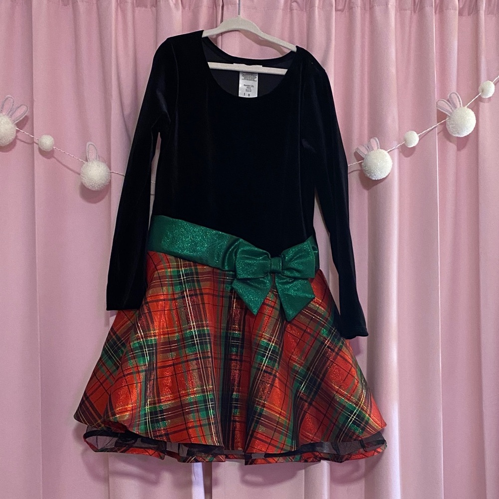 Bonnie Jean Velvet Dress with Red Plaid and Green Bow